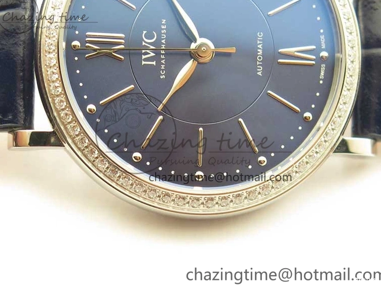 MIROTIME 0429 Portofino 37mm SS V7F 1:1 Best Edition Blue Dial Diamonds Bezel on Blue Leather Strap A Chic 7093